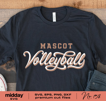 Black T-shirt displaying 'Mascot Volleyball' text design, suitable for Cricut and Silhouette projects, available in SVG, EPS, PNG, DXF formats.