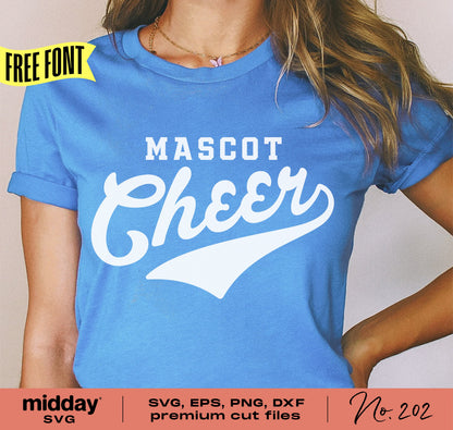 Blue cheerleading t-shirt featuring 'Mascot Cheer' design, ideal for Cricut and Silhouette crafting projects, includes free SVG font offer.