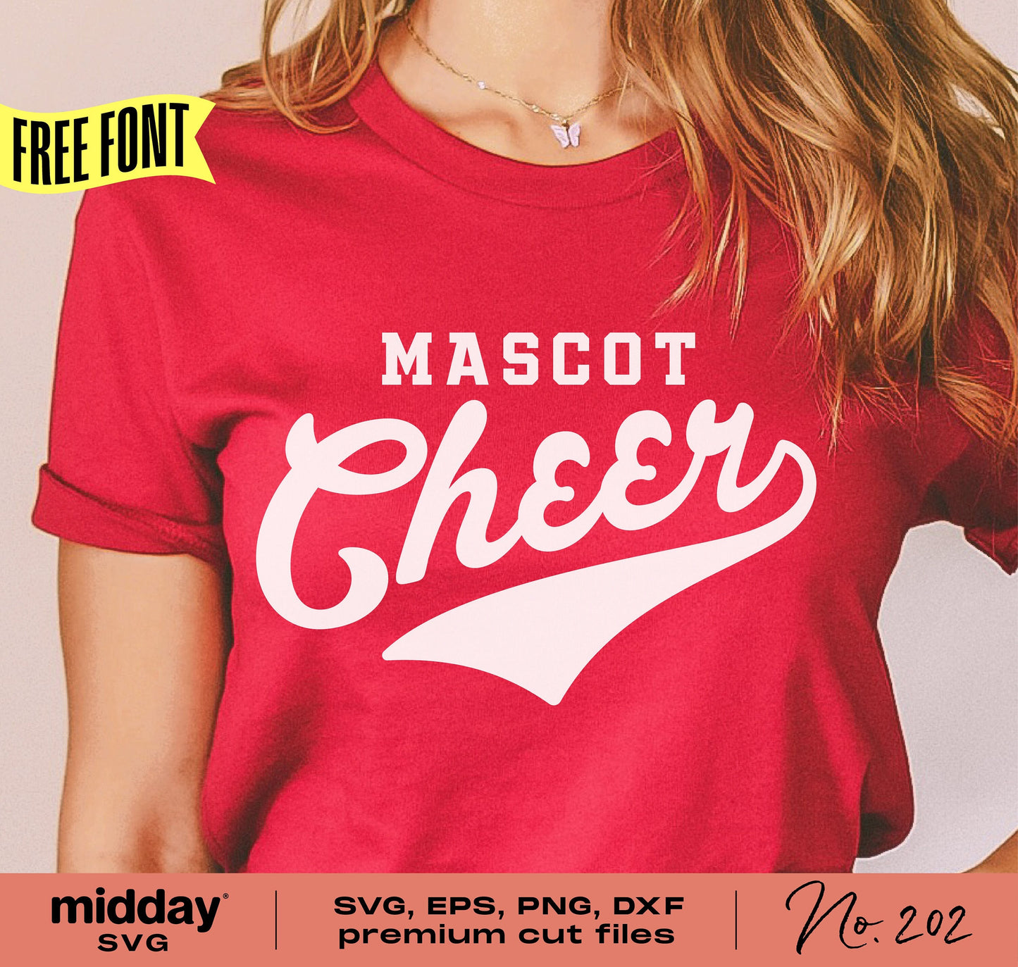 Red cheerleading T-shirt with 'Mascot Cheer' design, includes free font and SVG, EPS, PNG, DXF cut files for Cricut and Silhouette.
