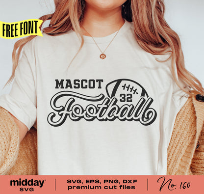 Person wearing a football-themed shirt with "Mascot 32 Football" design, highlighting SVG, EPS, PNG, DXF format availability for Cricut.