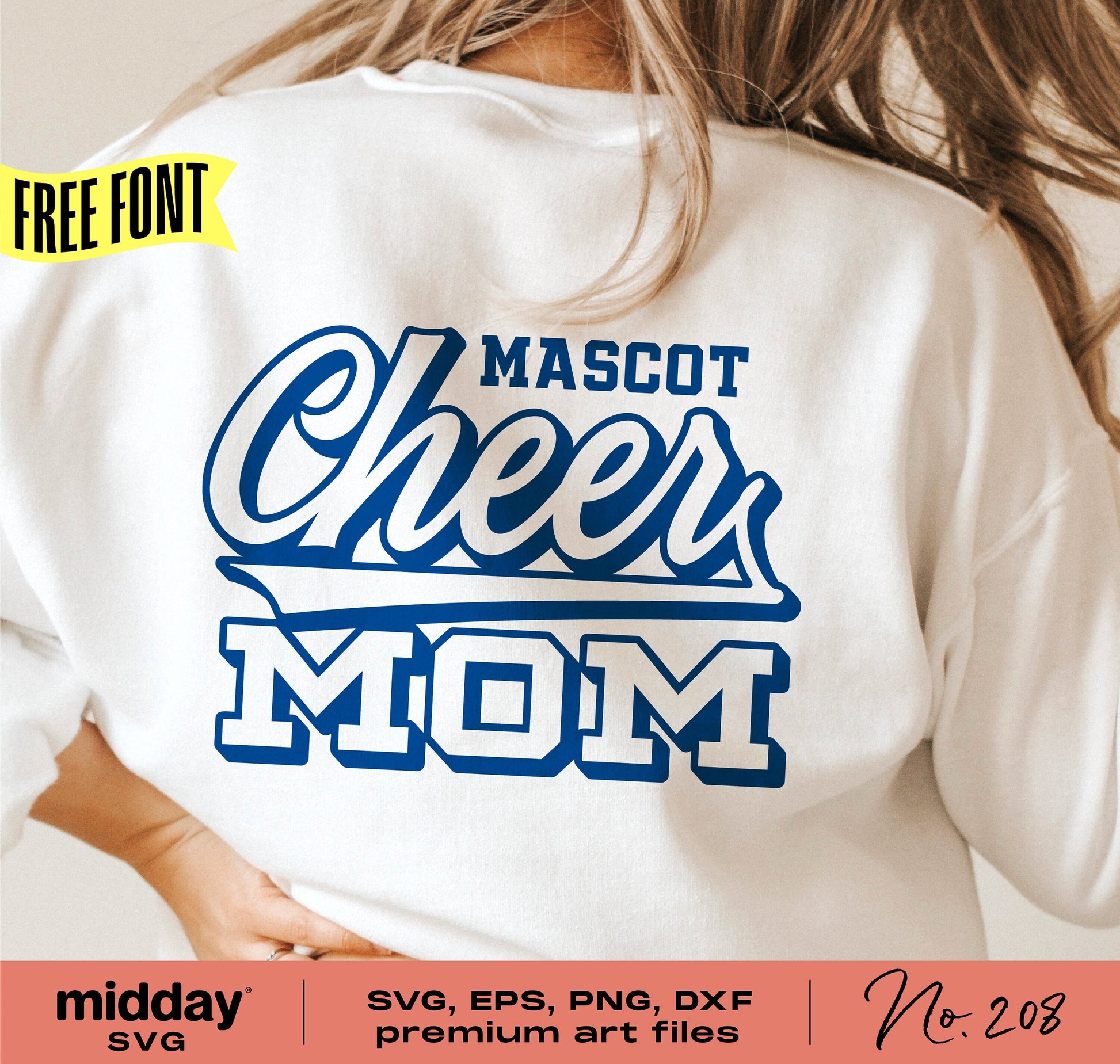 Cheer Mom shirt with "Mascot Cheer Mom" design in blue, available in SVG, PNG, DXF formats for Cricut and Silhouette use.