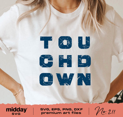 Touchdown graphic tee for football game day with SVG, EPS, PNG, DXF files for Cricut and Silhouette crafting.