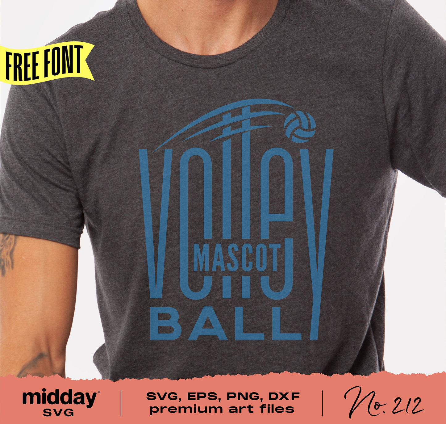 Volleyball team shirt design with custom mascot logo in blue font on gray fabric, includes SVG, PNG, DXF formats for Cricut and Silhouette.