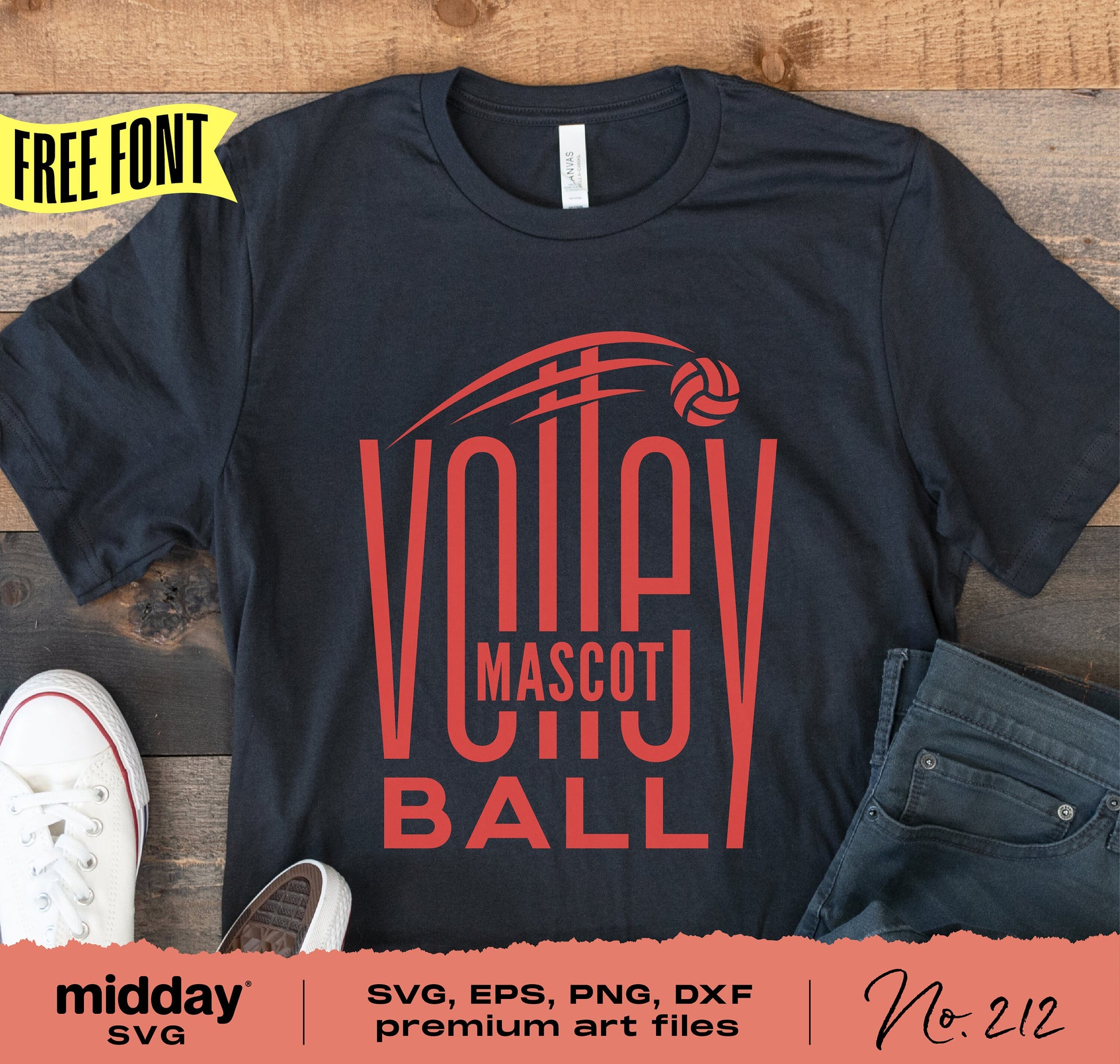Volleyball team shirt with red 'Volley Ball' design, available in SVG, EPS, PNG, DXF formats. Includes free font. Ideal for volleyball moms.