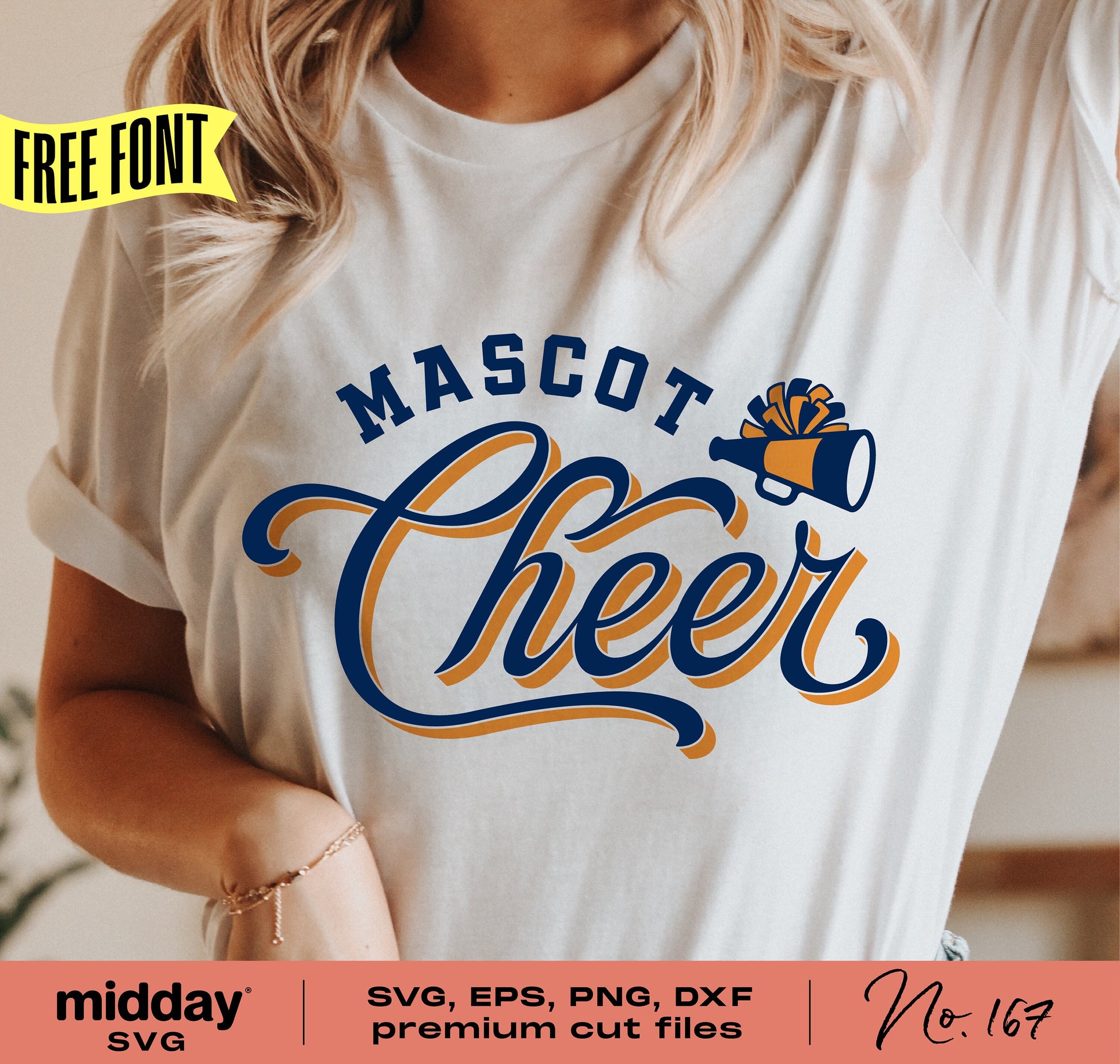 Woman wearing a white shirt with 'Mascot Cheer' design, featuring cheerleading graphic. Includes SVG, EPS, PNG, DXF premium cut files.