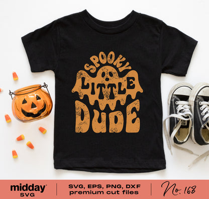 "Spooky Little Dude" kids Halloween shirt with ghost design for Cricut and Silhouette, includes SVG, EPS, PNG, DXF files.