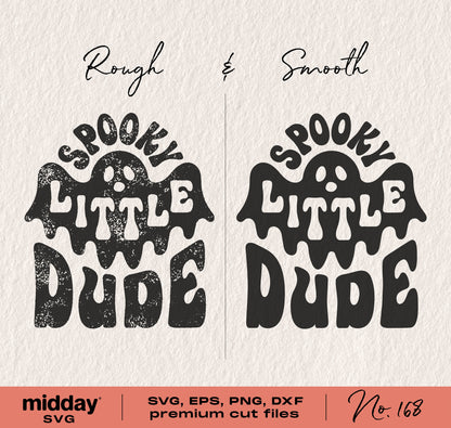 Spooky Little Dude kids Halloween shirt design featuring cute ghost in SVG, EPS, PNG, DXF formats for Cricut and Silhouette.