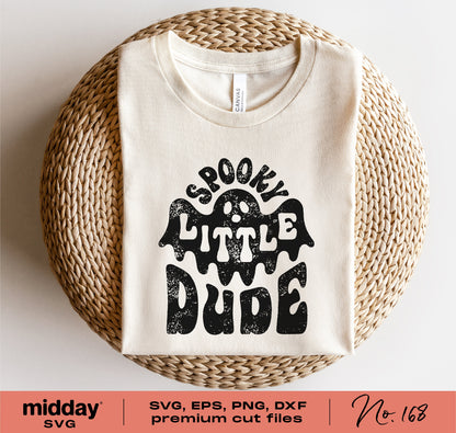 Kids Halloween shirt with 'Spooky Little Dude' text, featuring a cute ghost design. Available as SVG cut file for Cricut and Silhouette.