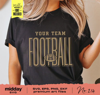 Football team shirt design in SVG, PNG, DXF, EPS formats featuring customizable team name, player number, perfect for Cricut projects.
