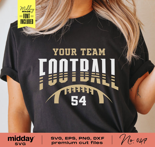 Black T-shirt featuring customizable football team design with number 54, includes SVG, EPS, PNG, DXF cut files for Cricut.
