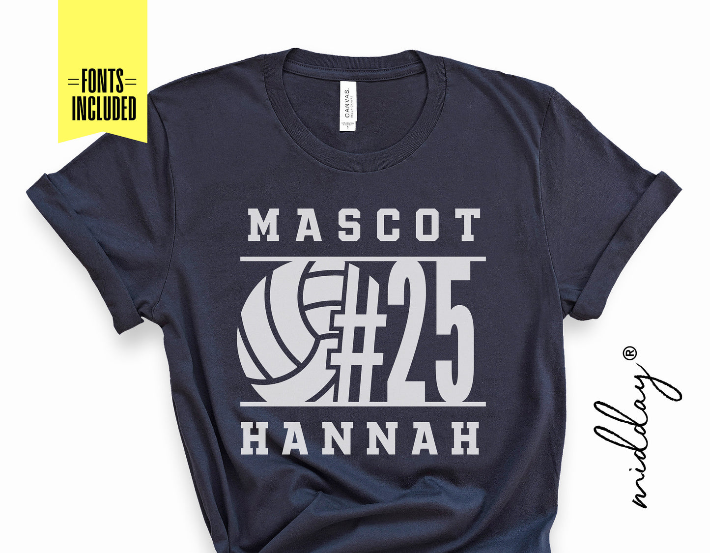 Black t-shirt with customizable volleyball design featuring ball logo, #25, and the name Hannah. Perfect for team apparel and fan gear.