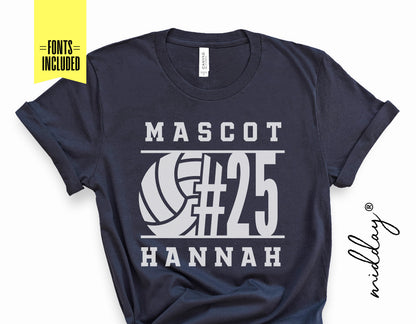 Black t-shirt with customizable volleyball design featuring ball logo, #25, and the name Hannah. Perfect for team apparel and fan gear.