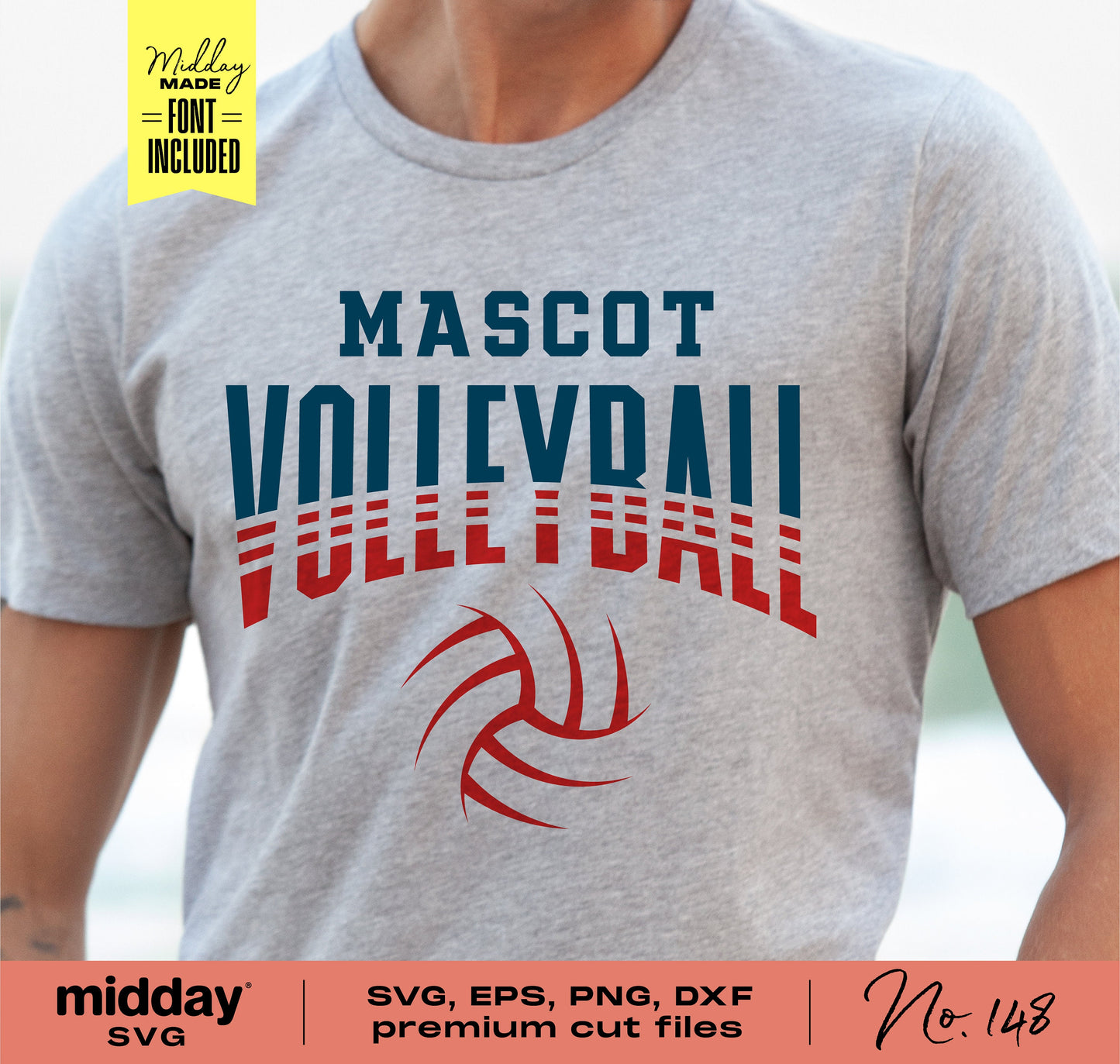Gray T-shirt featuring 'Mascot Volleyball' design, SVG PNG DXF EPS files available, ideal for Cricut, card making, and vinyl cutting.