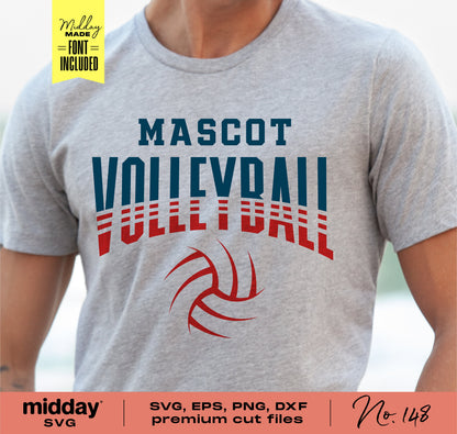 Gray T-shirt featuring 'Mascot Volleyball' design, SVG PNG DXF EPS files available, ideal for Cricut, card making, and vinyl cutting.