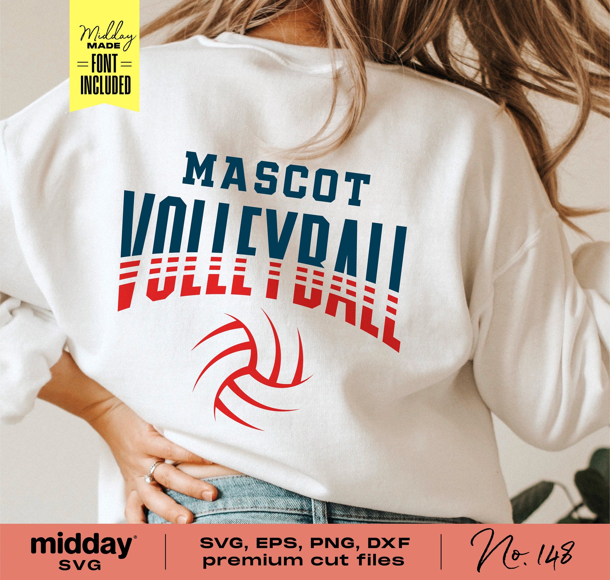 Person wearing a shirt with 'Mascot Volleyball' design in SVG, EPS, PNG, DXF cut files. Ideal for Cricut and volleyball team projects.