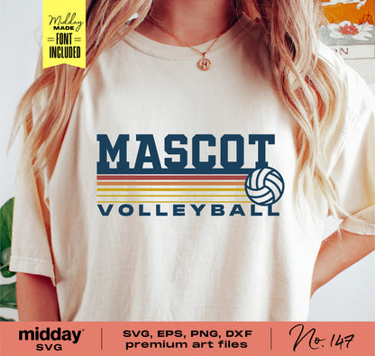 Volleyball SVG bundle displayed on a shirt design with text 'Mascot Volleyball', includes SVG, EPS, PNG, DXF formats for Cricut and Silhouette.