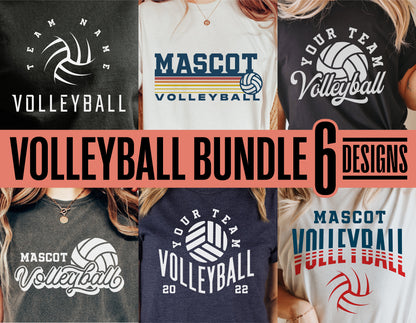 Volleyball SVG bundle showcasing six shirt design examples for teams, featuring customizable team and mascot names in various colors and styles.