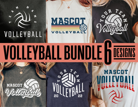 Volleyball SVG bundle showcasing six shirt design examples for teams, featuring customizable team and mascot names in various colors and styles.