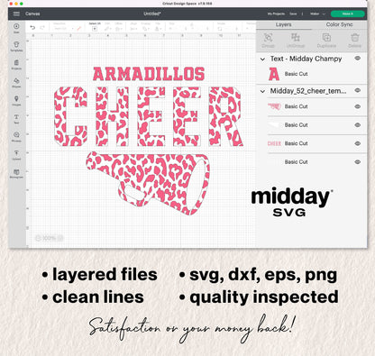 Cheerleader SVG template with leopard print megaphone, Armadillos Cheer design, compatible with Cricut and Silhouette, layered files.
