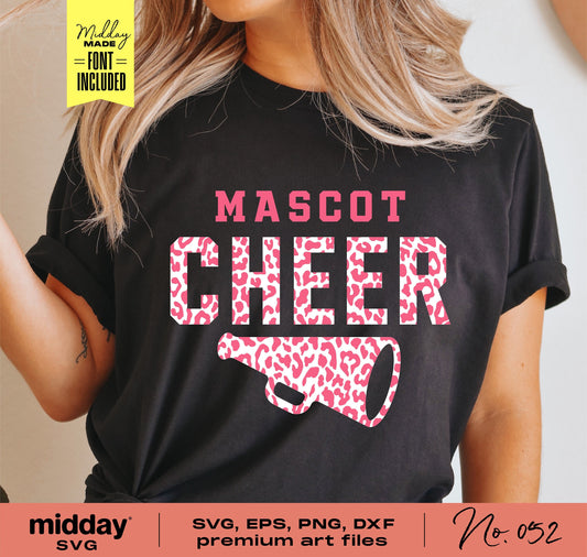Leopard print cheer megaphone SVG design on black shirt, ideal for Cricut and Silhouette, includes font and multiple file formats.
