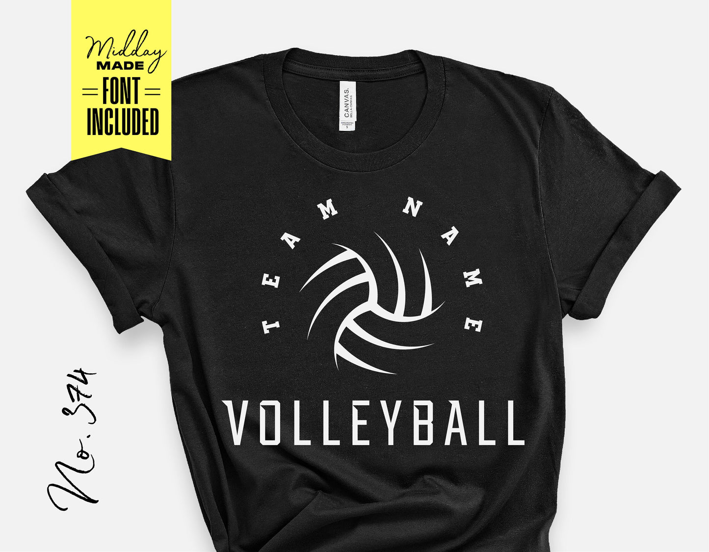 Black t-shirt with volleyball design template for Cricut, featuring customizable team name and font, ideal for school spirit projects.