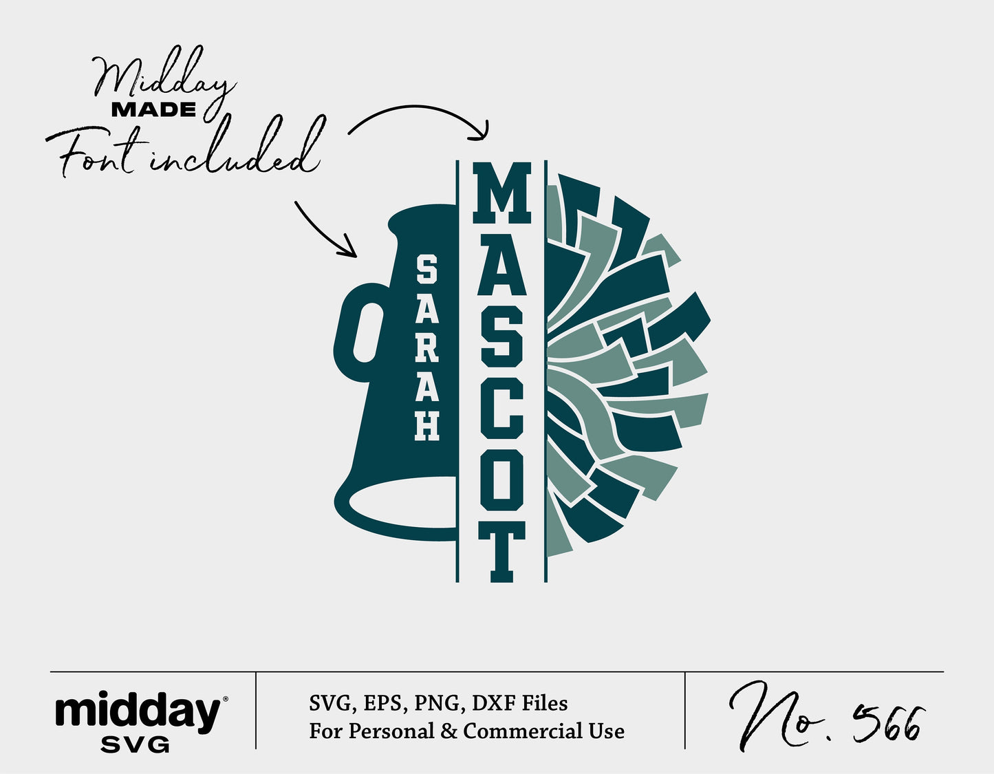 Custom cheerleader logo with pom pom, megaphone, and personalized text for Cricut and Silhouette projects in SVG, PNG, DXF formats.