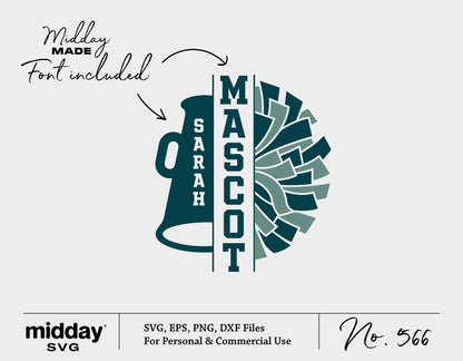 Custom cheerleader logo with pom pom, megaphone, and personalized text for Cricut and Silhouette projects in SVG, PNG, DXF formats.