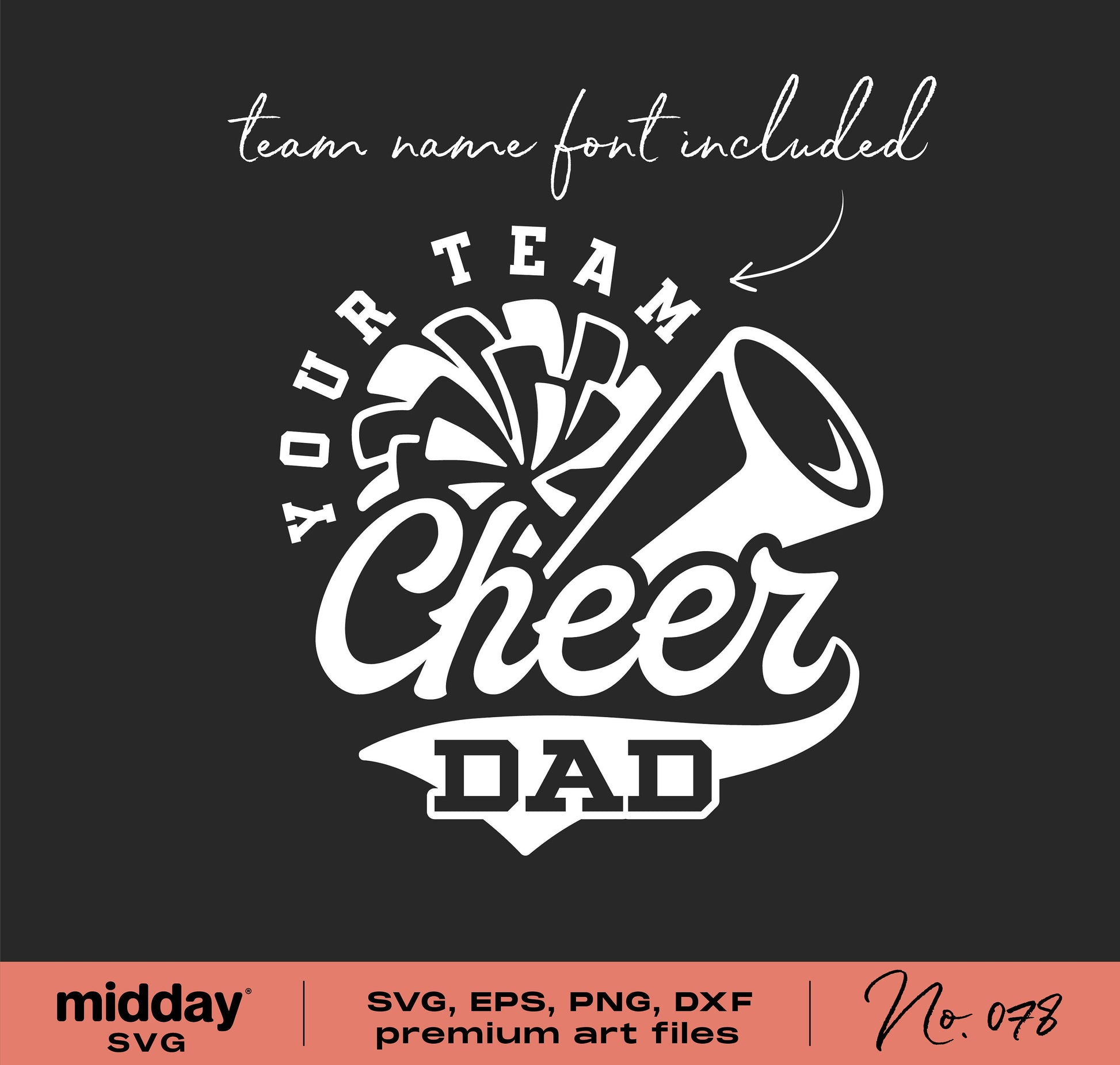 Cheer Dad SVG design with megaphone and pom-pom for Cricut, Silhouette, team customization included, format: SVG, EPS, PNG, DXF.