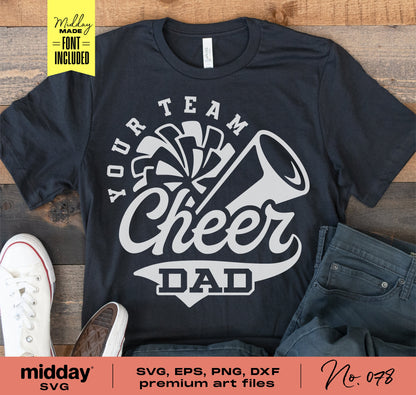 "Cheer Dad" t-shirt with megaphone and pom-pom graphics, available in SVG, EPS, PNG, and DXF for Cricut and Silhouette projects.