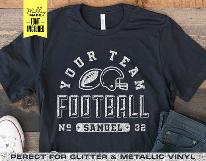 DIY football team shirt design with customizable player number and name template, featuring SVG, PNG, DXF, EPS files for Cricut and Sublimation.