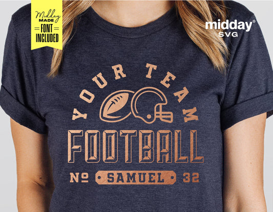 Woman wearing a navy football team name and player number t-shirt template with customizable SVG design for Cricut and sublimation projects.