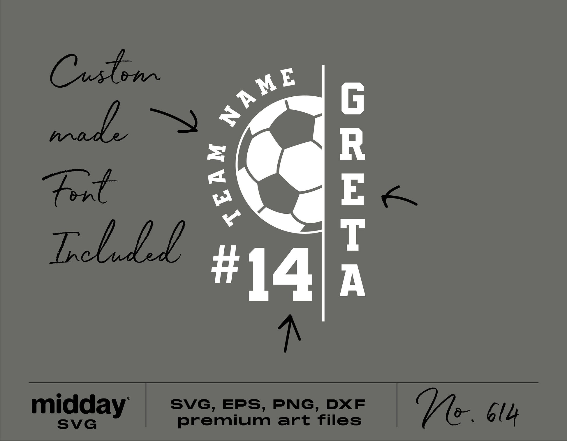 Custom soccer team design with name "Greta" and number 14, featuring a soccer ball graphic and custom font. Ideal for Cricut and Silhouette.