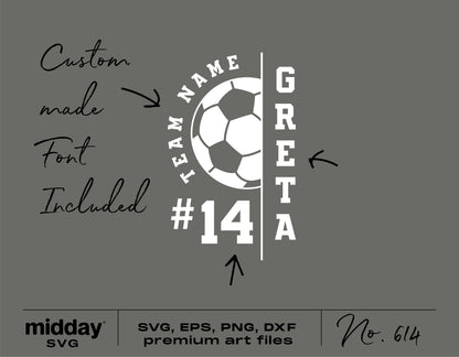 Custom soccer team design with name "Greta" and number 14, featuring a soccer ball graphic and custom font. Ideal for Cricut and Silhouette.