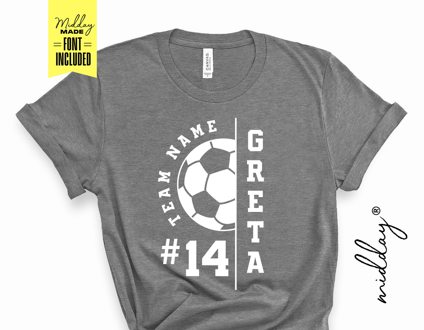 Gray t-shirt with custom soccer design featuring soccer ball, team name, player name 'Greta', and number 14. Font included.