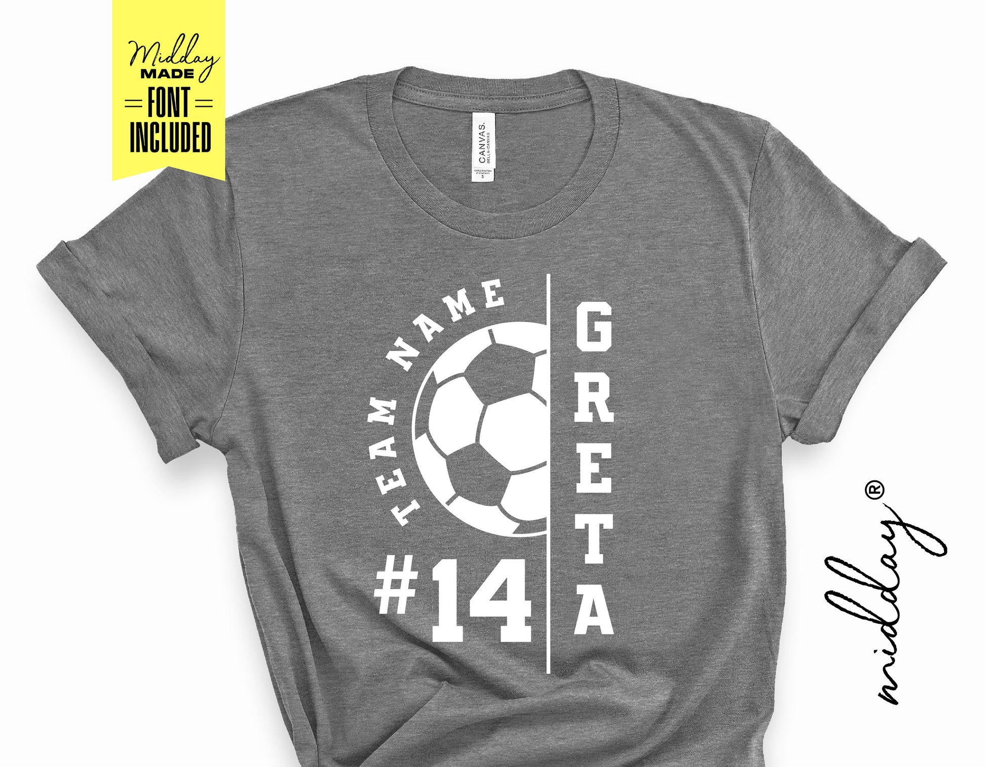 Gray t-shirt with custom soccer design featuring soccer ball, team name, player name 'Greta', and number 14. Font included.