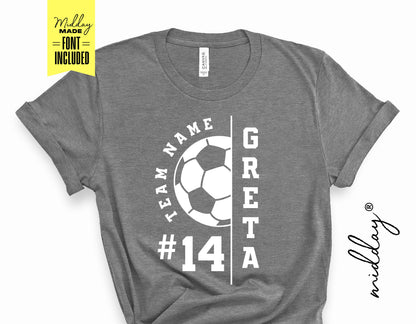 Gray t-shirt with custom soccer design featuring soccer ball, team name, player name 'Greta', and number 14. Font included.