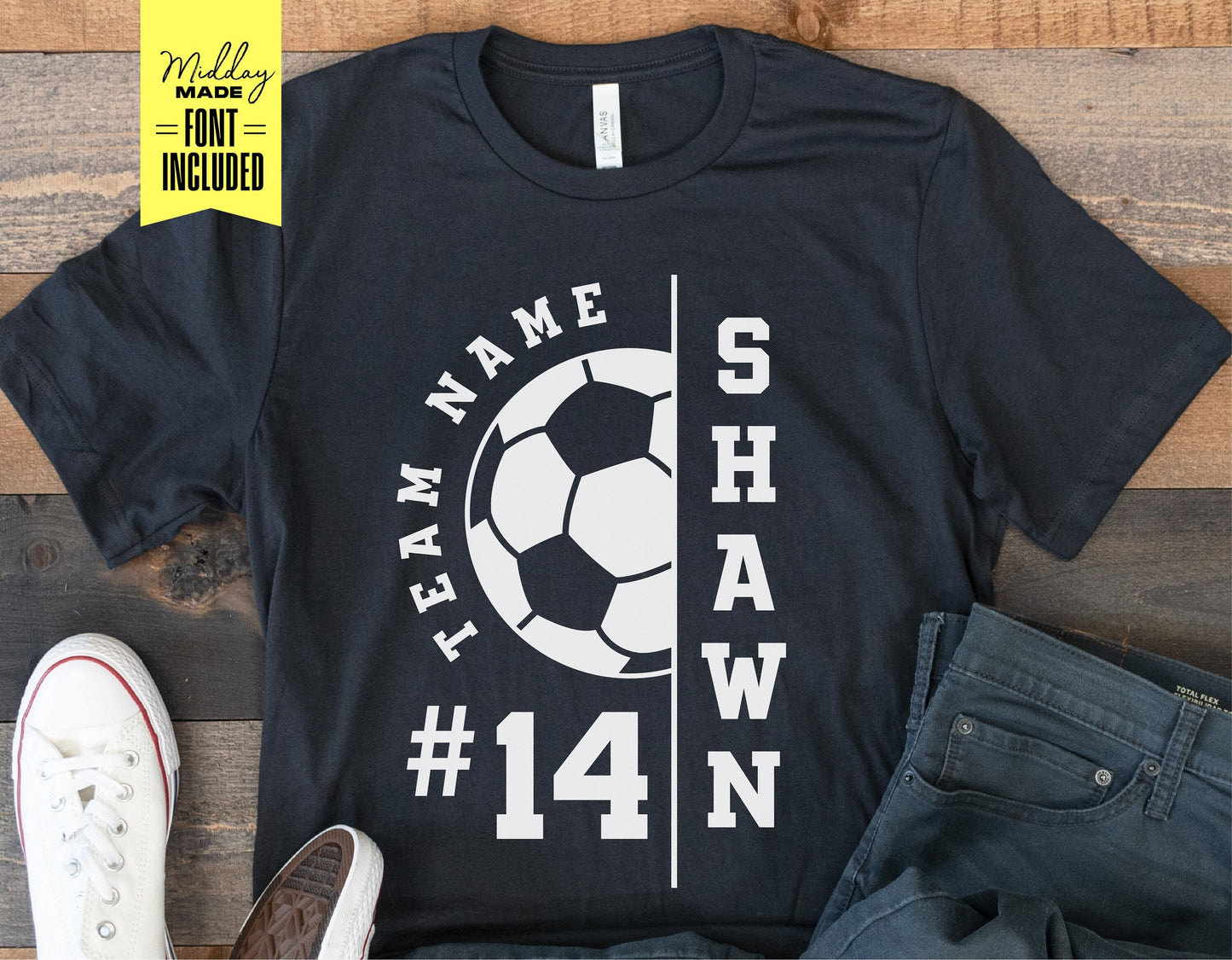 Customizable black soccer shirt with team name and soccer ball graphic, ideal for Cricut and Silhouette crafting projects.