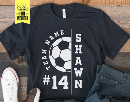 Customizable black soccer shirt with team name and soccer ball graphic, ideal for Cricut and Silhouette crafting projects.