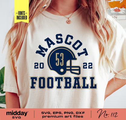 Football team template shirt with mascot design in SVG, PNG, DXF formats for Cricut and Silhouette, featuring DIY customization.