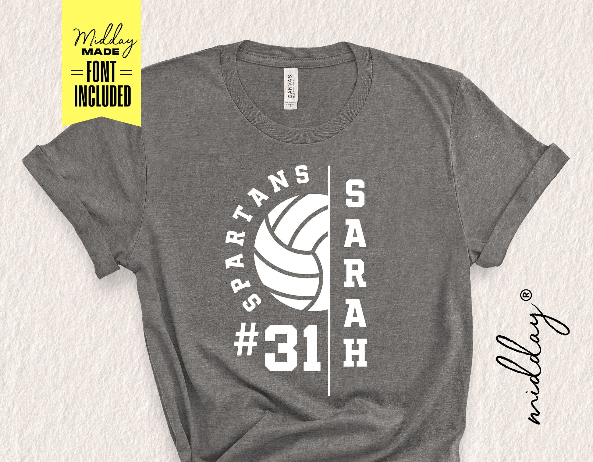 Gray volleyball shirt with customizable Spartan design, '#31 Sarah', DIY template for Cricut, featuring included font for personalization.