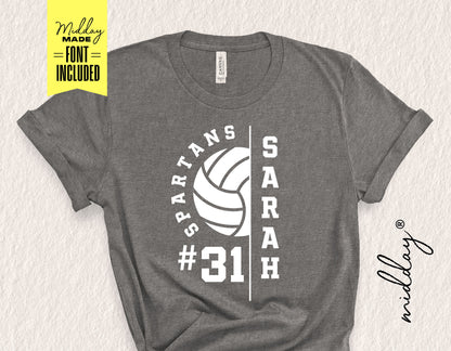 Gray volleyball shirt with customizable Spartan design, '#31 Sarah', DIY template for Cricut, featuring included font for personalization.