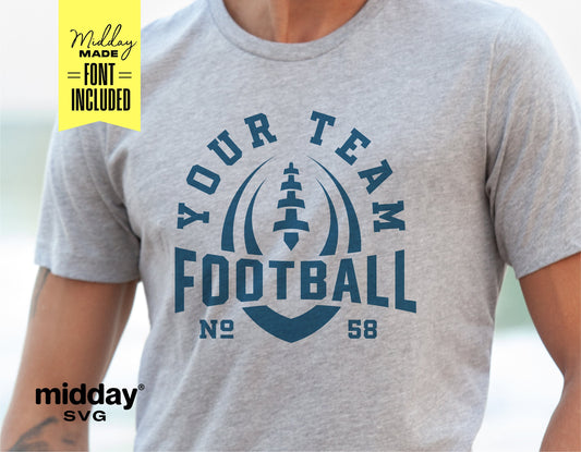 Gray t-shirt with customizable football team logo template and included font design.