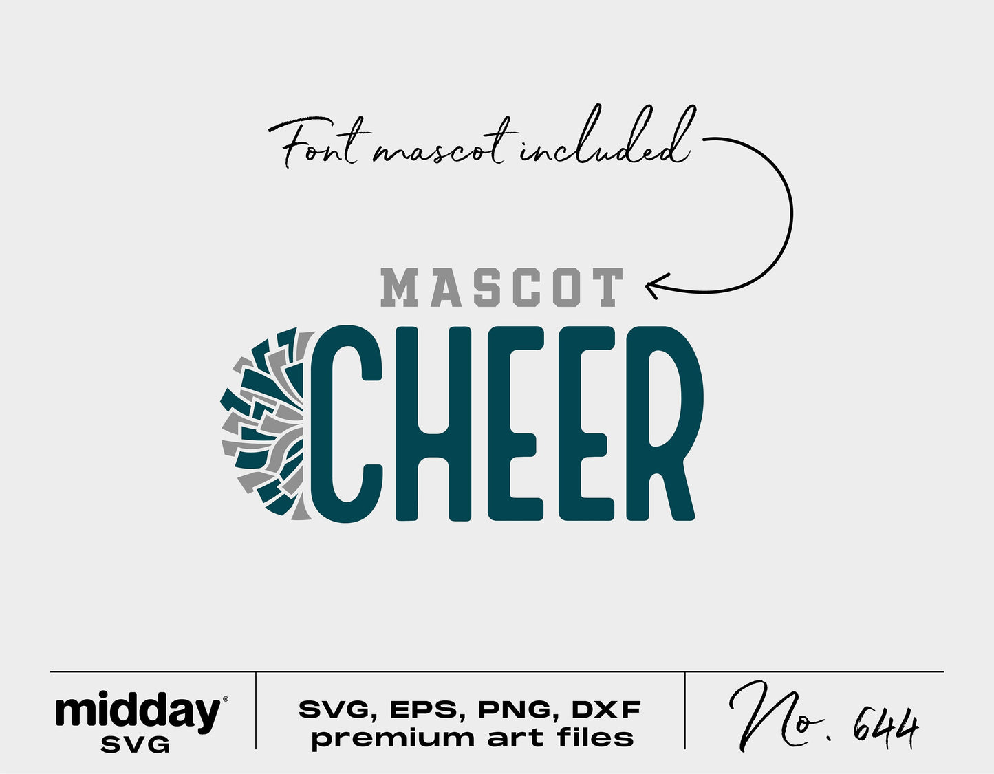 Cheerleader team SVG file with mascot font, includes SVG, EPS, PNG, DXF formats for Cricut and Silhouette, premium art file No. 644.