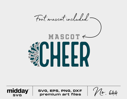 Cheerleader team SVG file with mascot font, includes SVG, EPS, PNG, DXF formats for Cricut and Silhouette, premium art file No. 644.