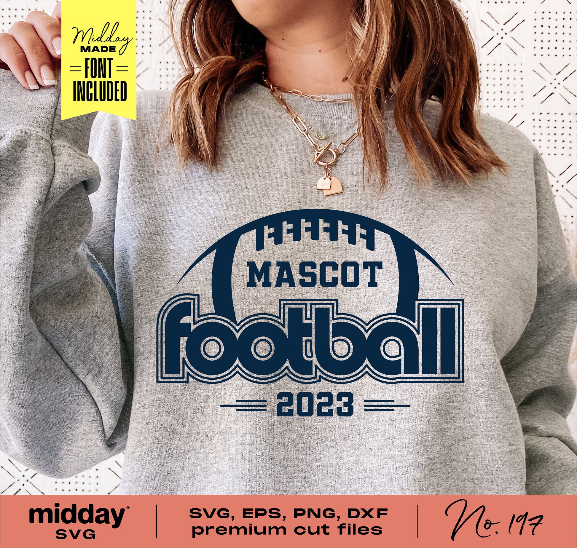 Woman wearing gray sweatshirt with 'Mascot Football 2023' retro design in SVG, EPS, PNG, DXF formats, ideal for Cricut and Silhouette crafting.