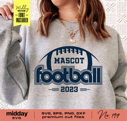 Woman wearing gray sweatshirt with 'Mascot Football 2023' retro design in SVG, EPS, PNG, DXF formats, ideal for Cricut and Silhouette crafting.