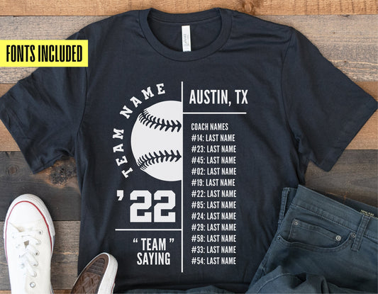 Black softball team shirt with roster and team name template, includes fonts, for Cricut and Silhouette projects.