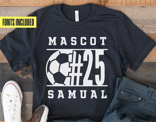 Soccer shirt with custom team mascot, player number 25, and name design displayed on a wooden background with sneakers and jeans.