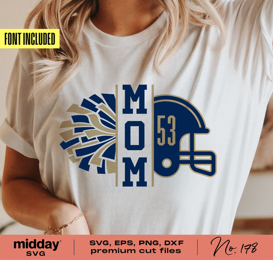 Woman wearing a Football and Cheer Mom shirt with helmet and pom-pom design, SVG cut file included, perfect for Cricut projects.