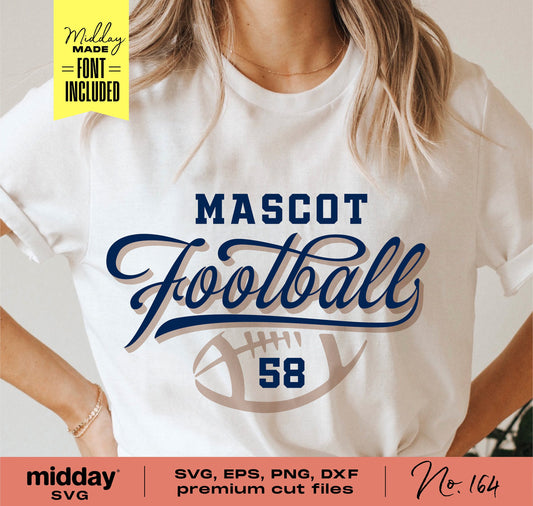 Person wearing a 'Mascot Football' shirt with number 58, featuring SVG, EPS, PNG, DXF logos in bottom corner, perfect for Cricut and Silhouette.